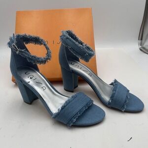 UNISA Denim Fringe Block Heel Ankle Strap Open Toe Sandals Women's Size 7M NIB